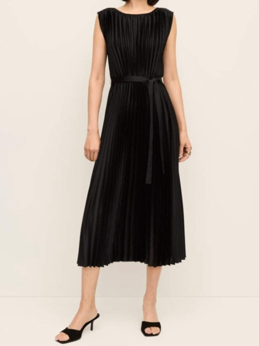 Ann Taylor Pleated Satin Midi Dress in Black